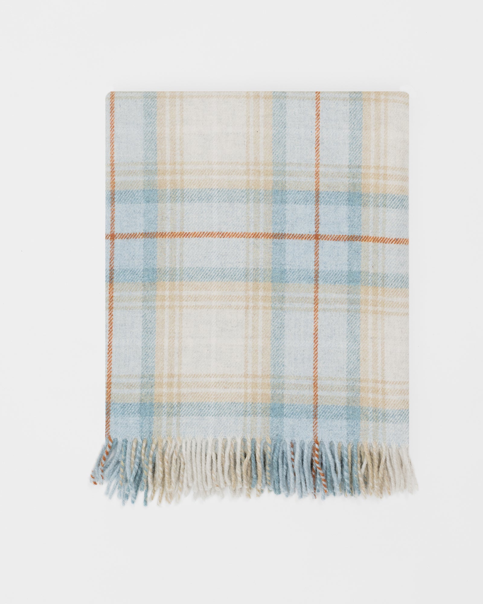 Remony lindores caramel throw - Plaid blanket with blue, beige, and brown colors on a white background