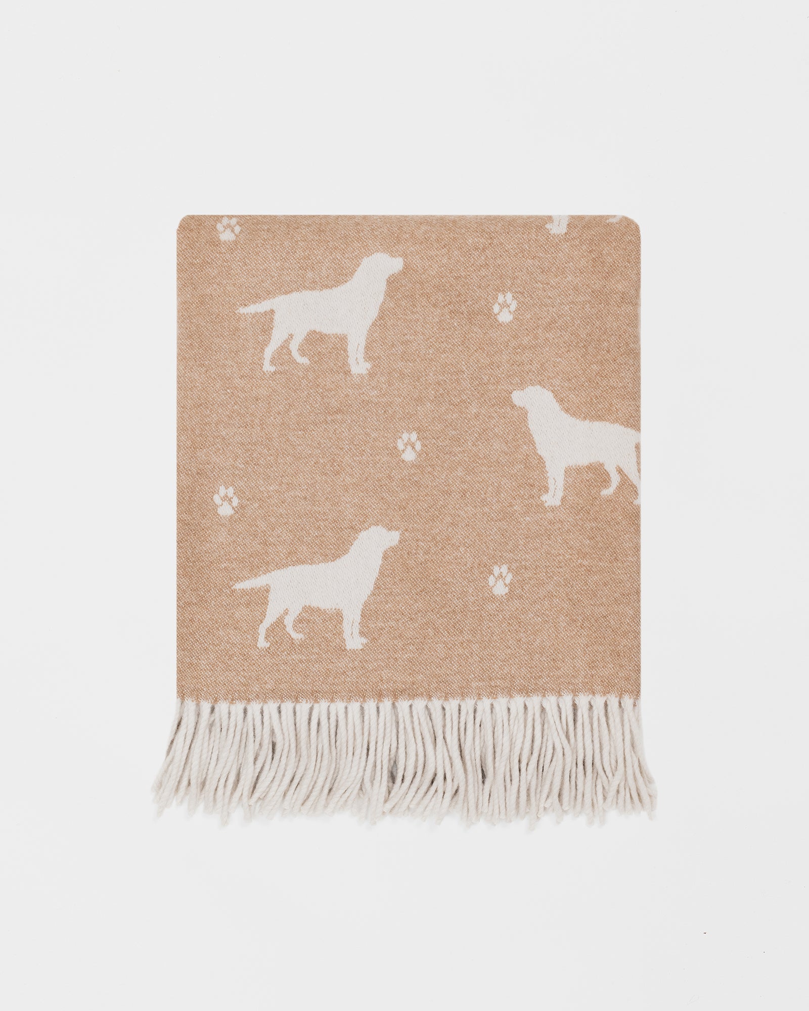 Remony nature labrador bran throw - Beige blanket with white dog silhouettes and paw prints on a light gray background