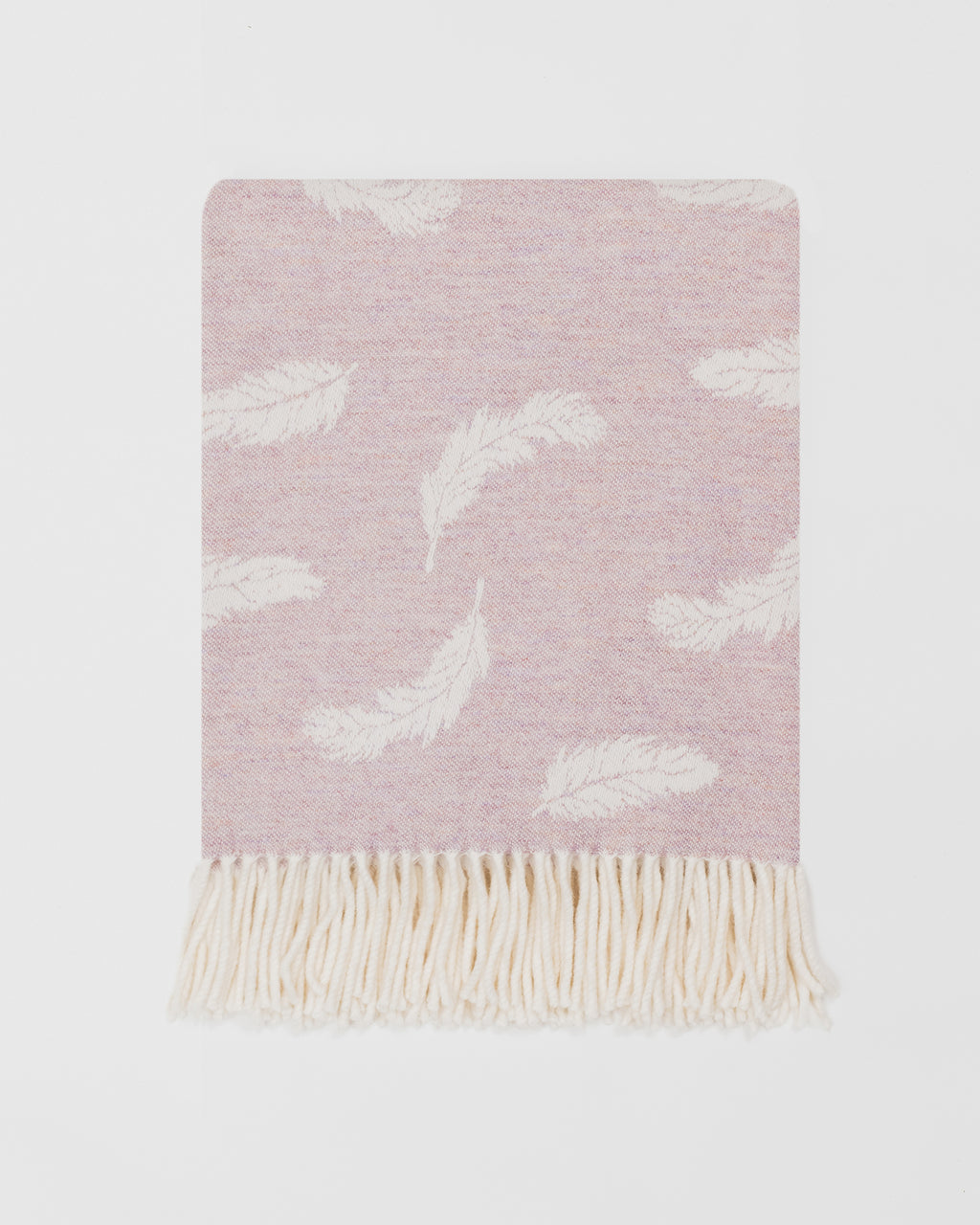 Remony nature feather blossom throw - Pink blanket with white feather pattern and fringes on a light gray background