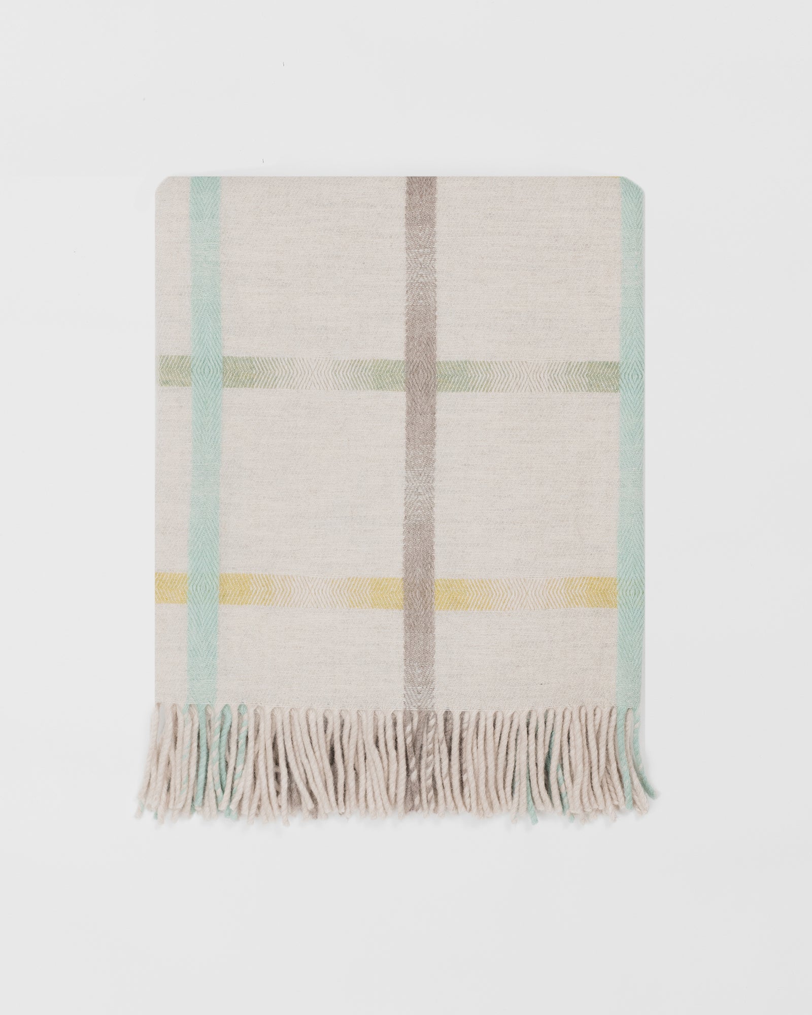 Remony maree feather throw - check blanket with fringe on a light gray background