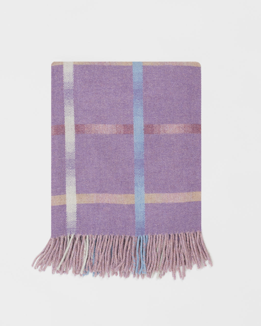 Remony maree amethyst throw - check blanket with purple and blue stripes on a light gray background
