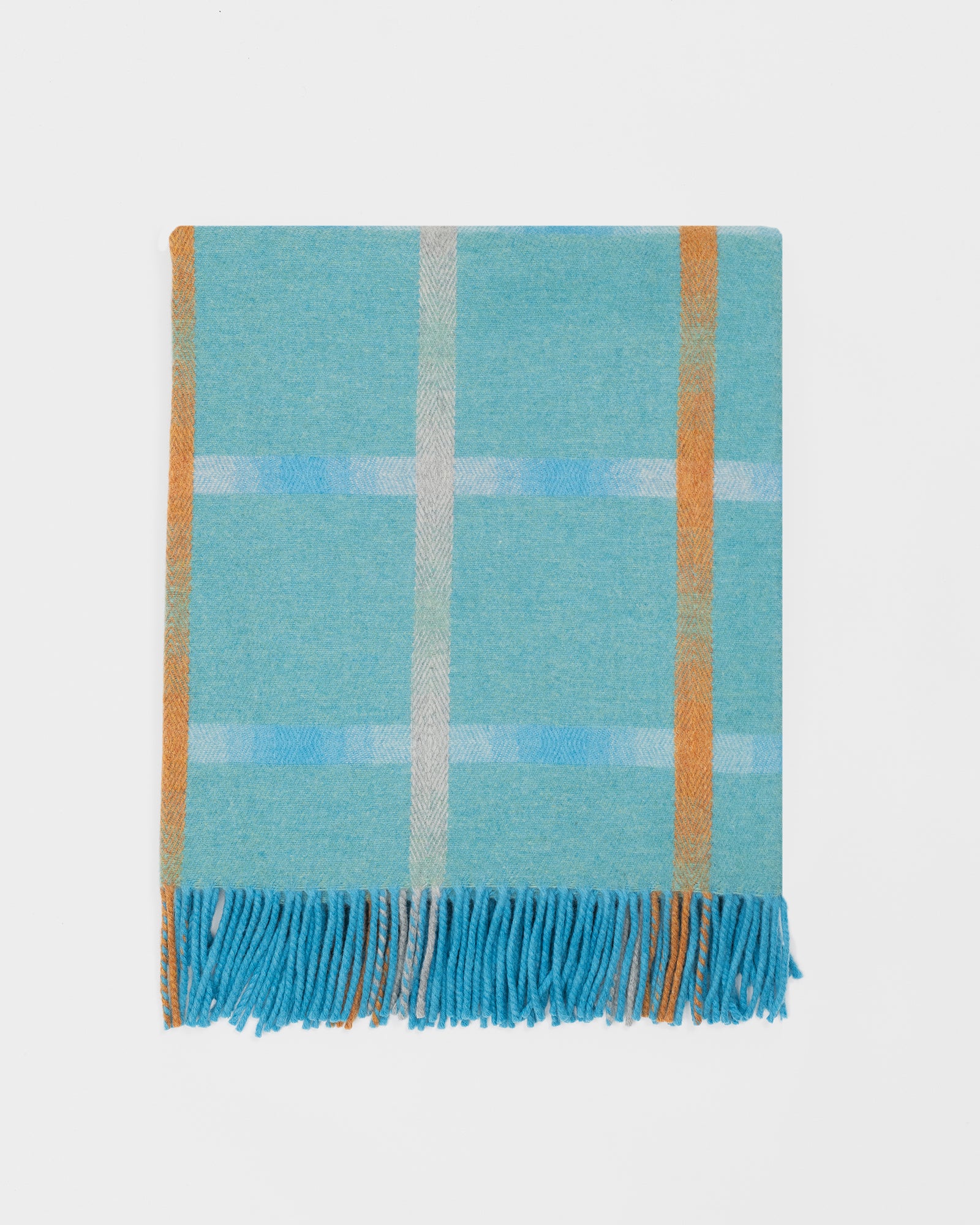 Remony maree jade throw - check blanket with blue and orange colors on a light gray background