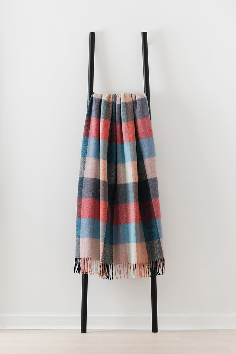 Remony dunira sorbet throw - Multicolored striped blanket draped over a black ladder against a white background