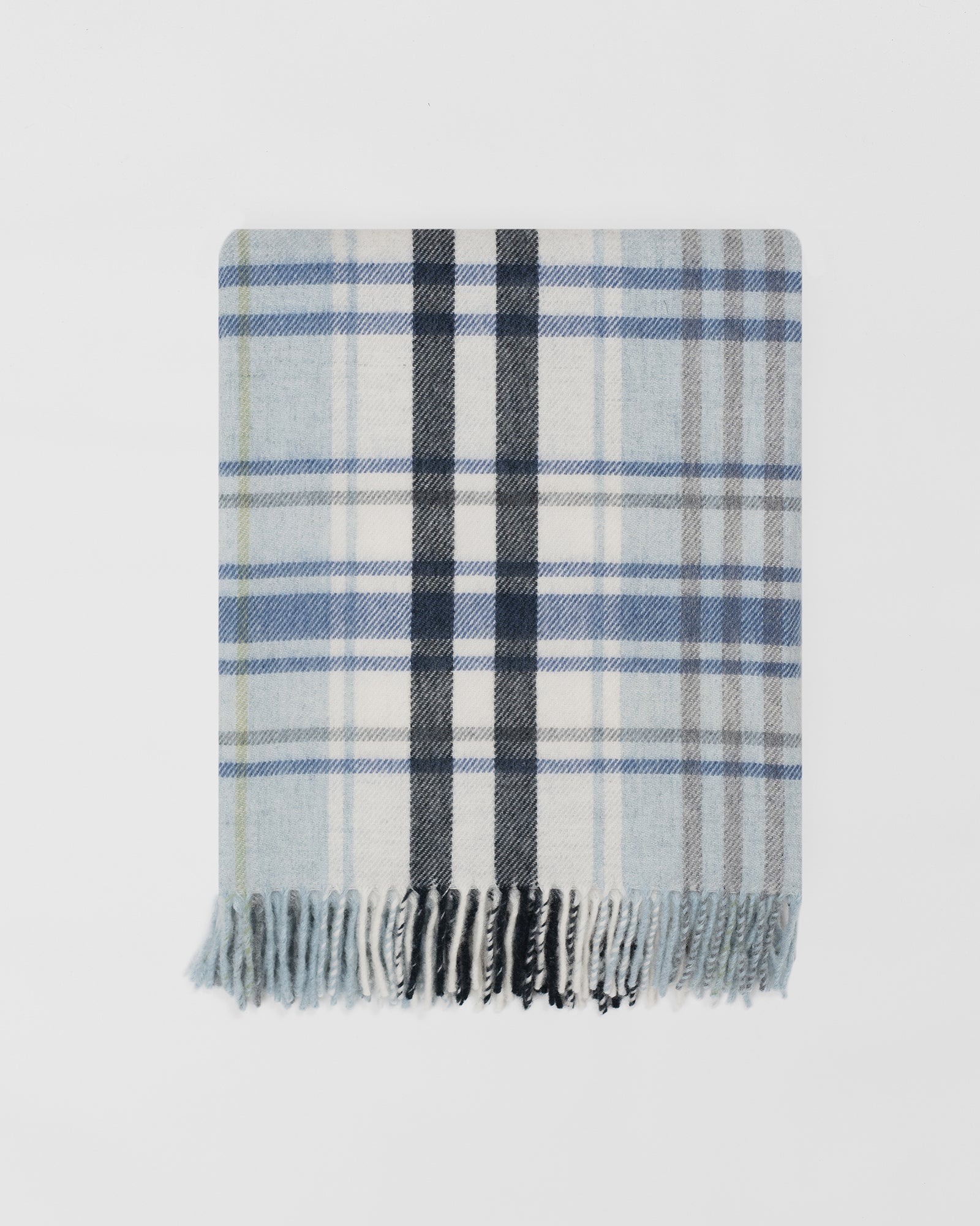 Remony pitacree sea blue throw - Plaid blanket with blue, gray, and white colors on a light gray background