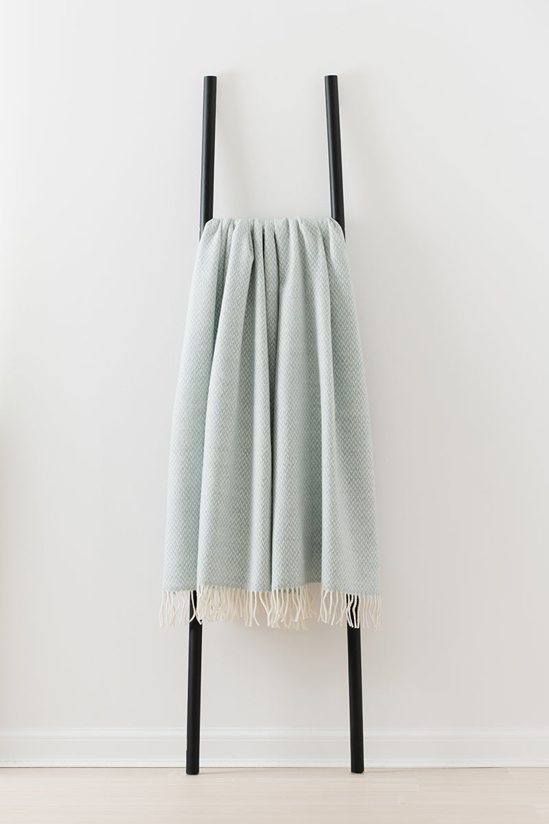 Remony balintyre aquamarine throw - Light green towel with white fringe on a black ladder against a white background