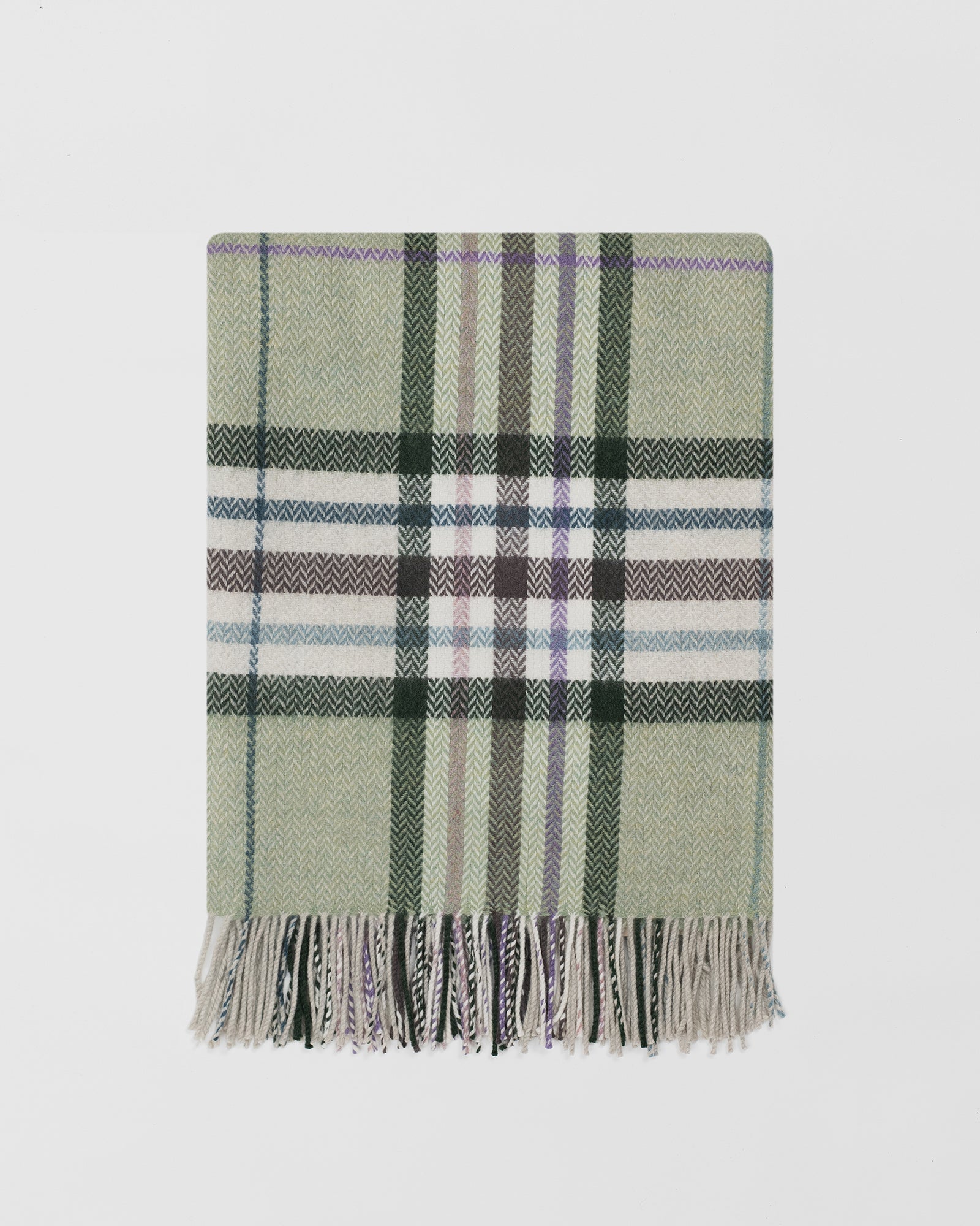 Remony moraig jade throw - Plaid blanket with green, purple, and beige colors on a light gray background