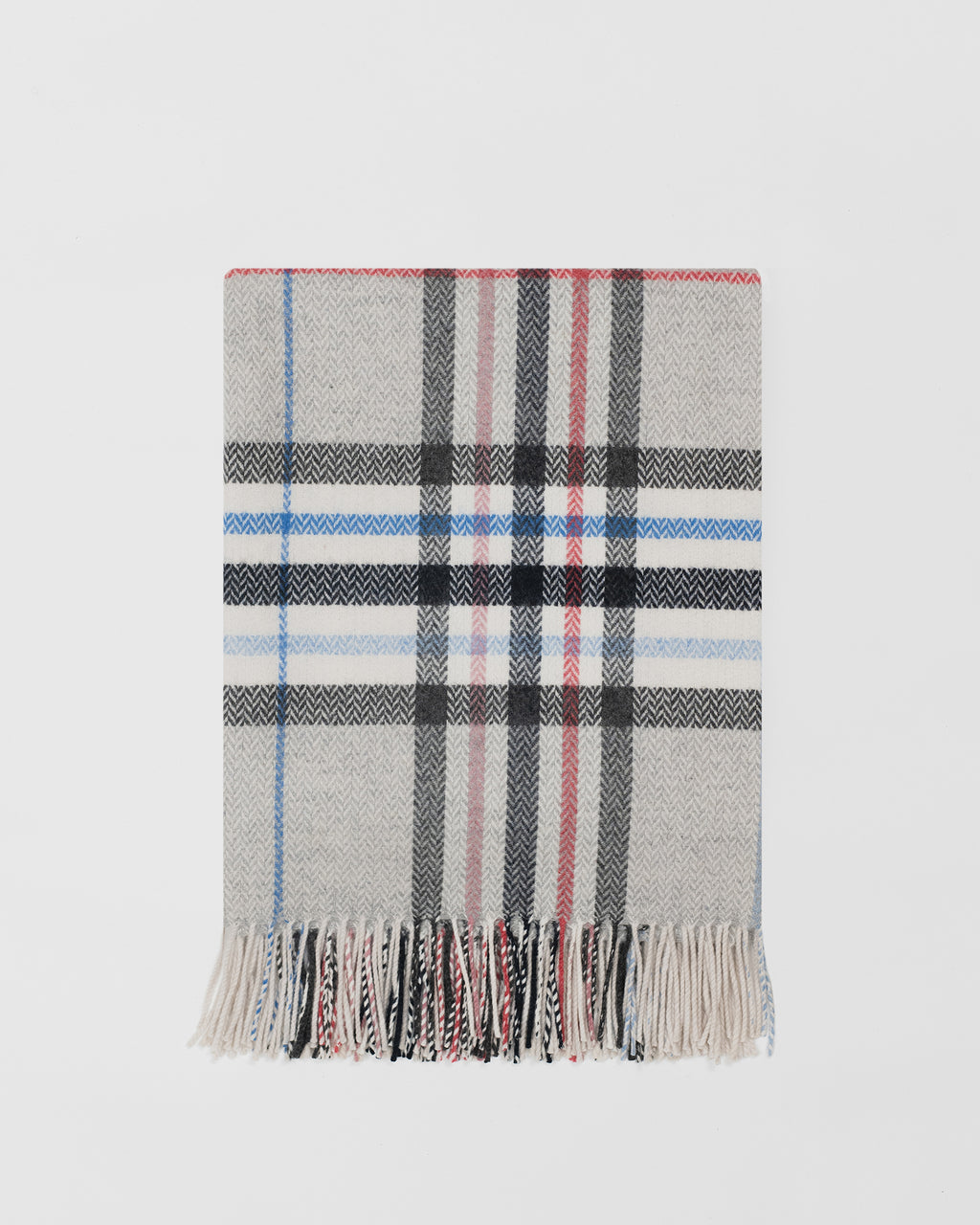 Remony moraig pewter throw - Plaid blanket with gray, red, and blue colors on a white background