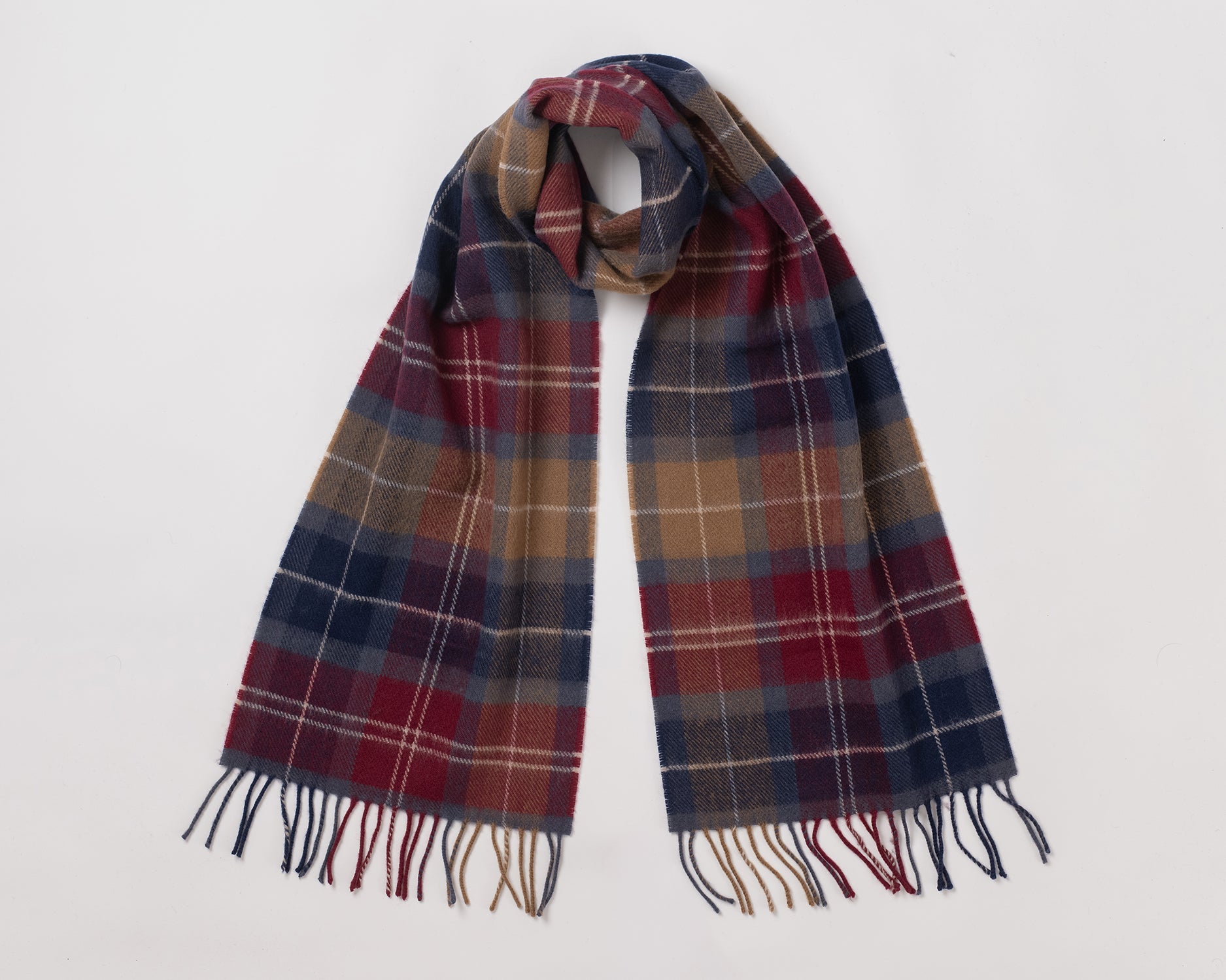 MacN Aurora Wine Scarf - Plaid scarf with fringes on a white background