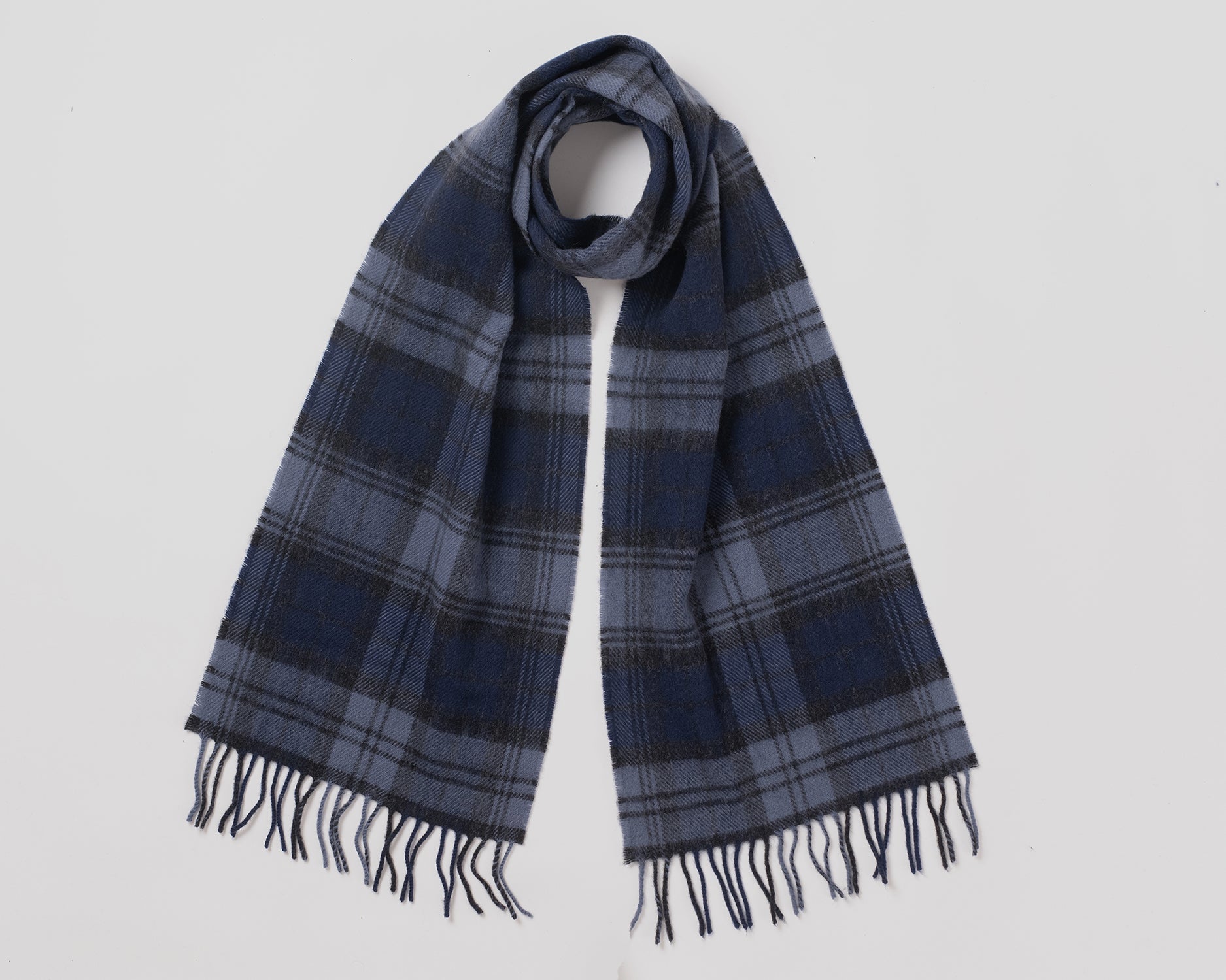 MacN Tartans Admiral Navy Scarf - Plaid scarf with fringes on a light gray background