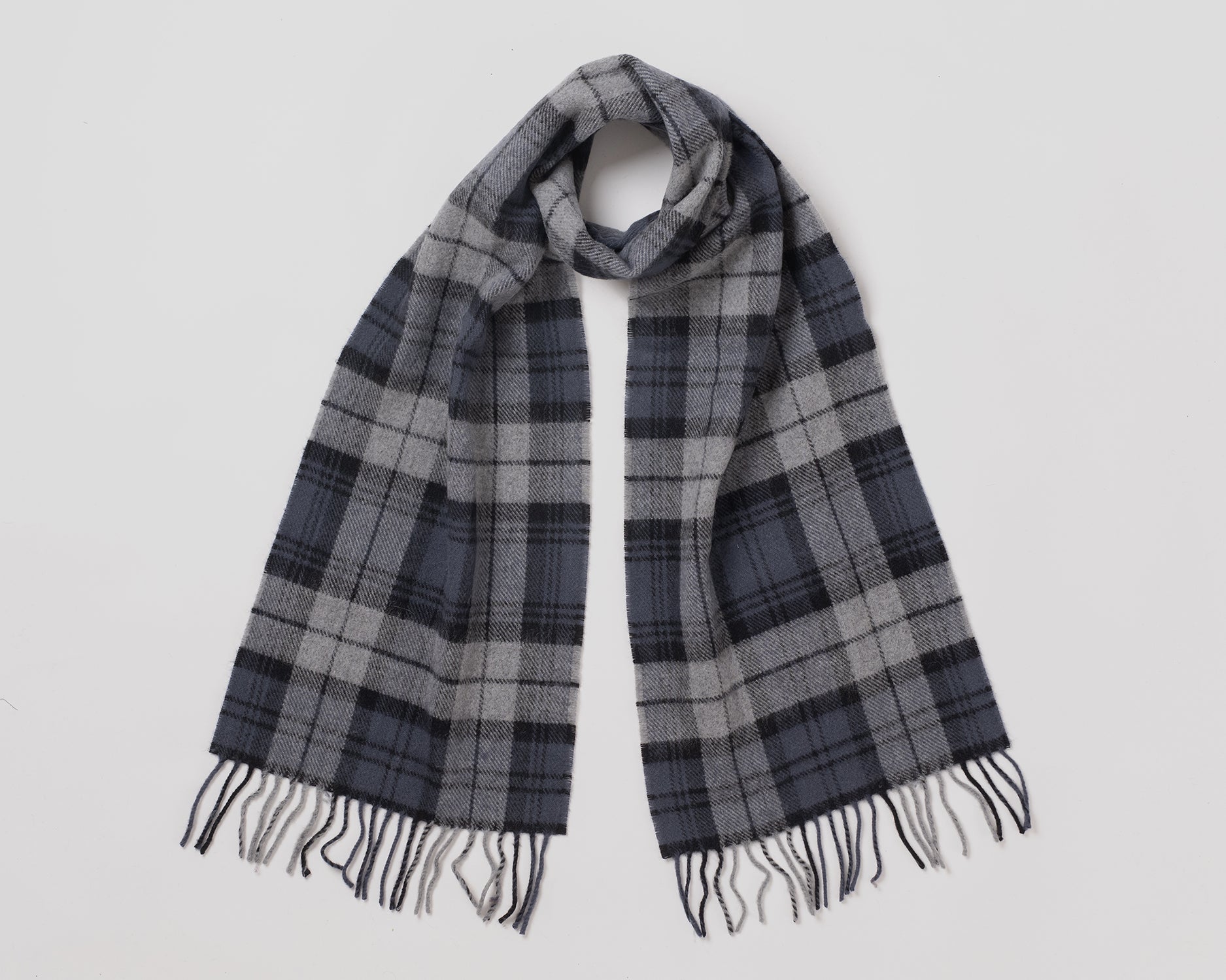 MacN Tartans Uniform Grey Scarf - Plaid scarf with fringe on a light gray background
