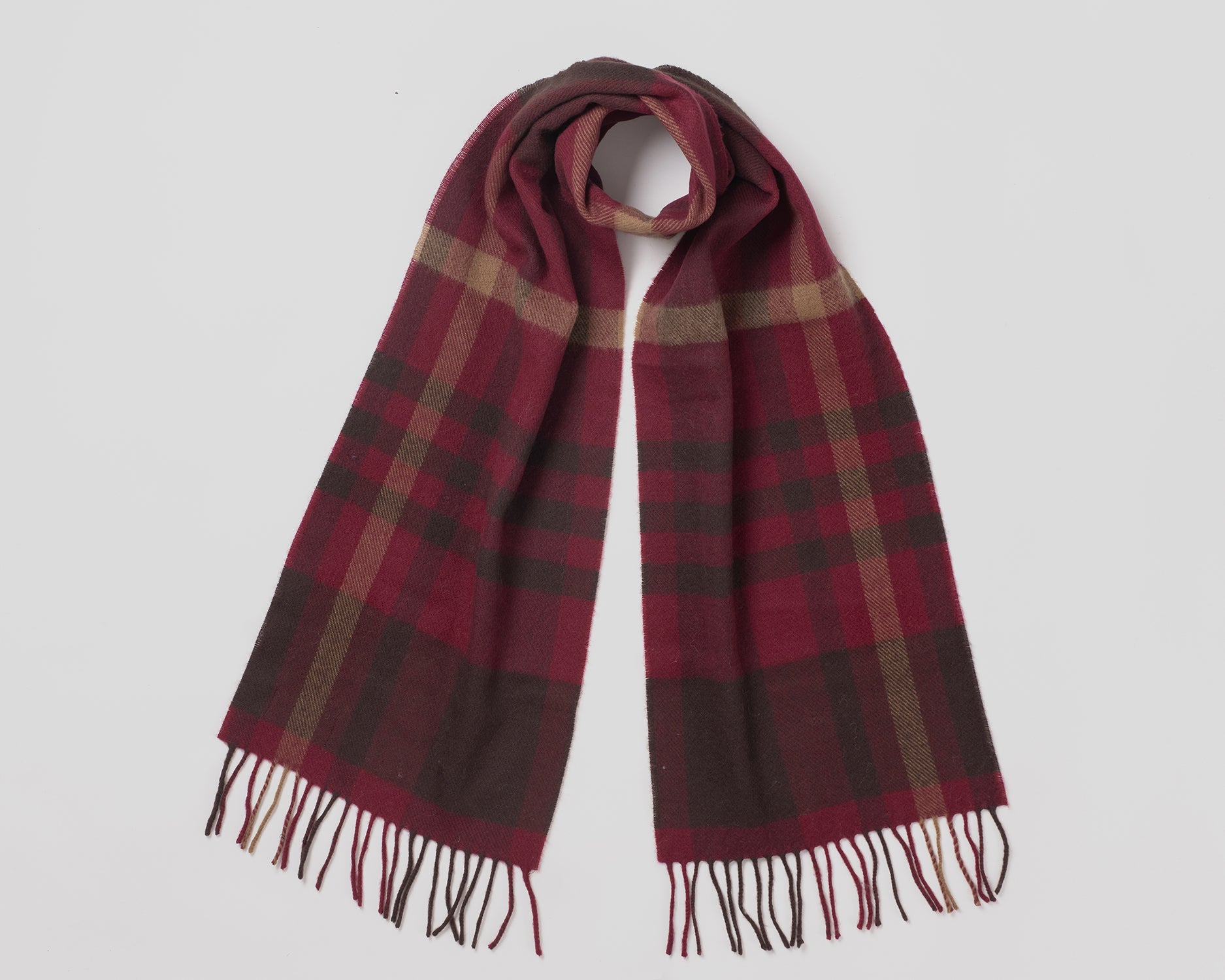 MacN Stroma Wine scarf - Plaid scarf with fringes on a light gray background