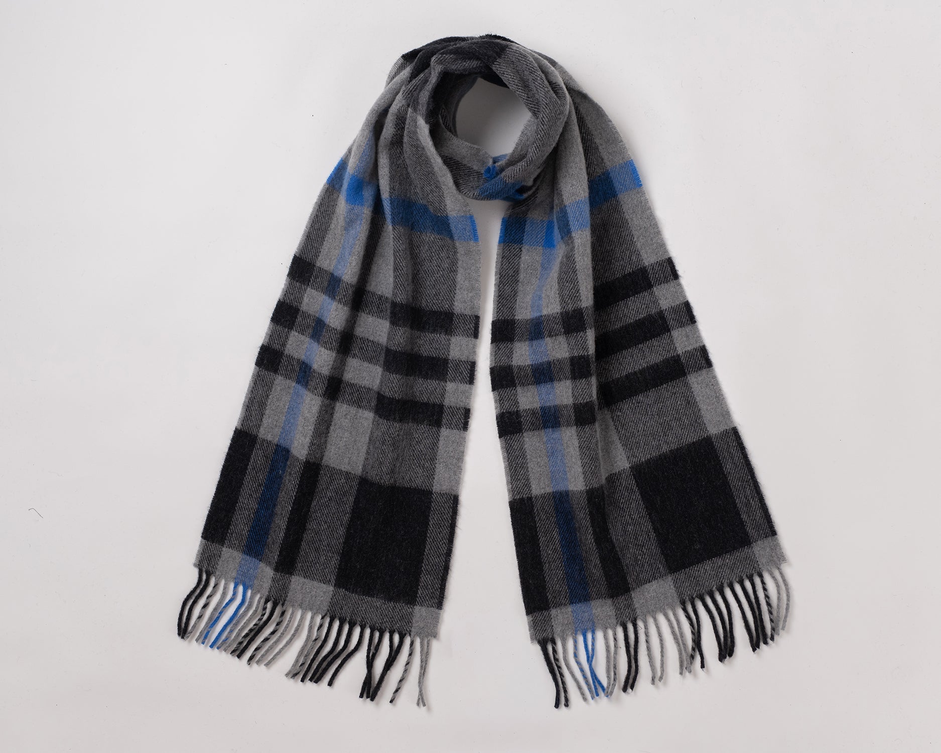 MacN Stroma Grey Scarf - Plaid scarf with black, gray, and blue pattern on a white background
