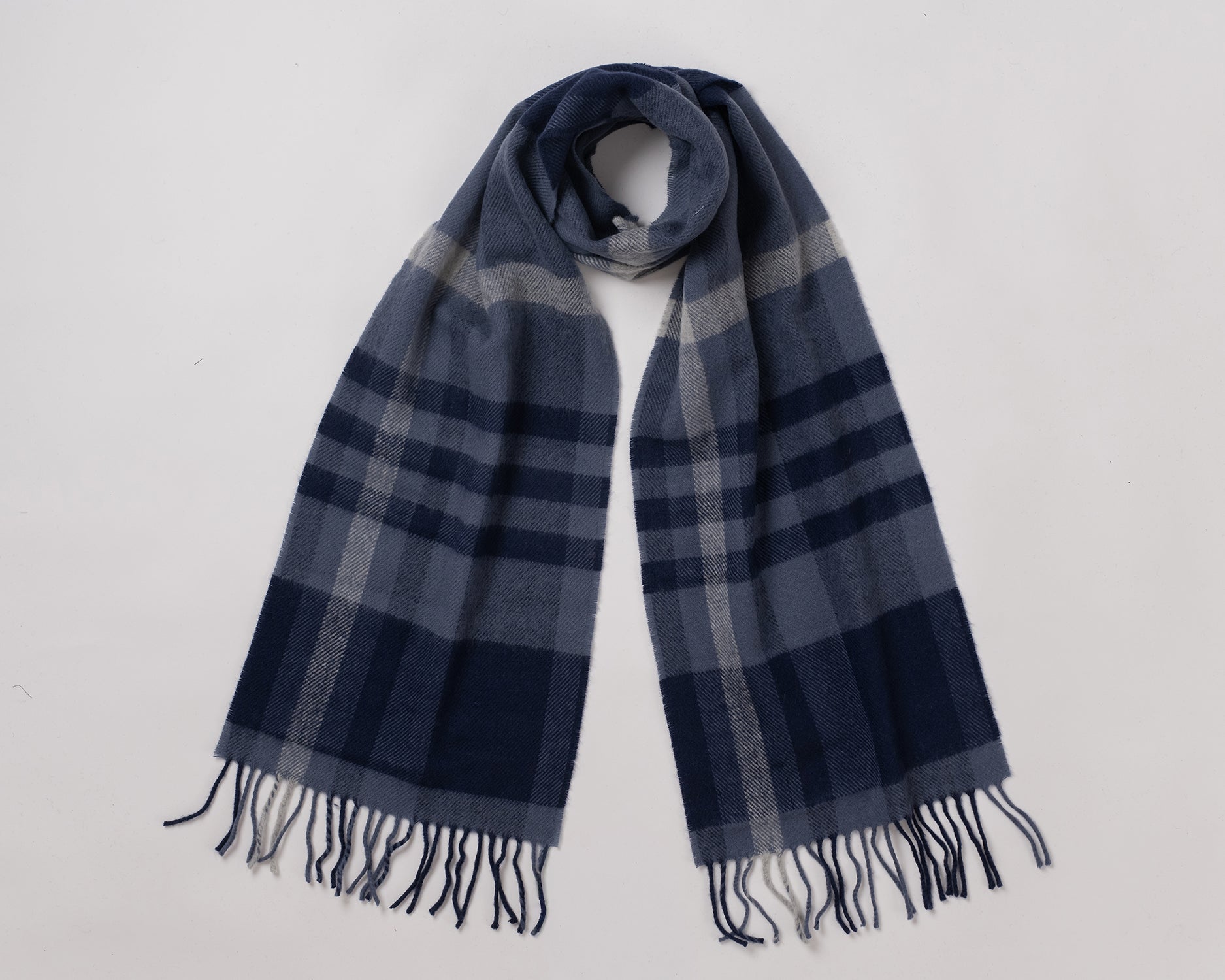 MacN stroma navy scarf - Navy and gray checkered scarf on a light gray background