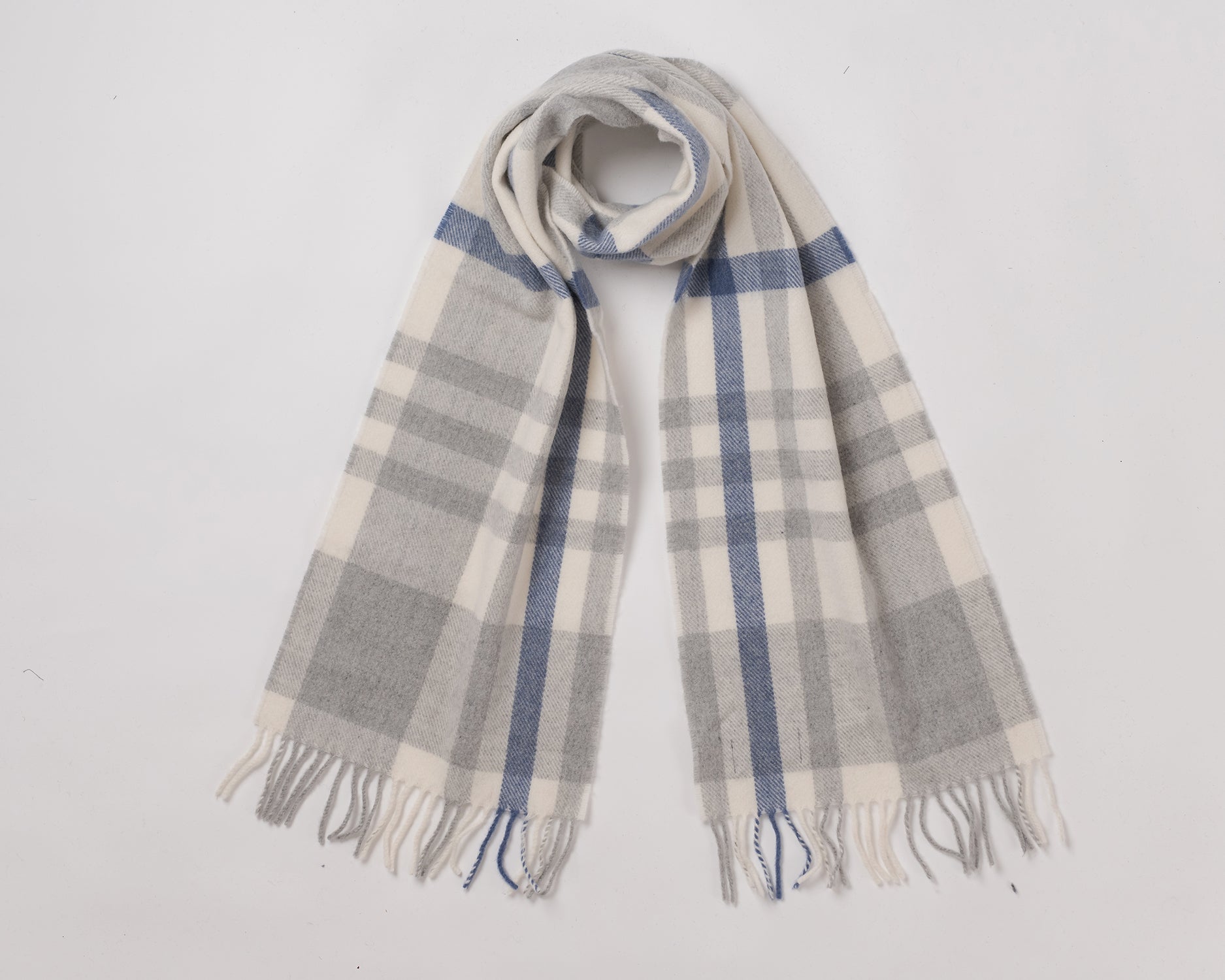 MacN Stroma White scarf - Plaid scarf with gray, blue, and beige colors on a white background