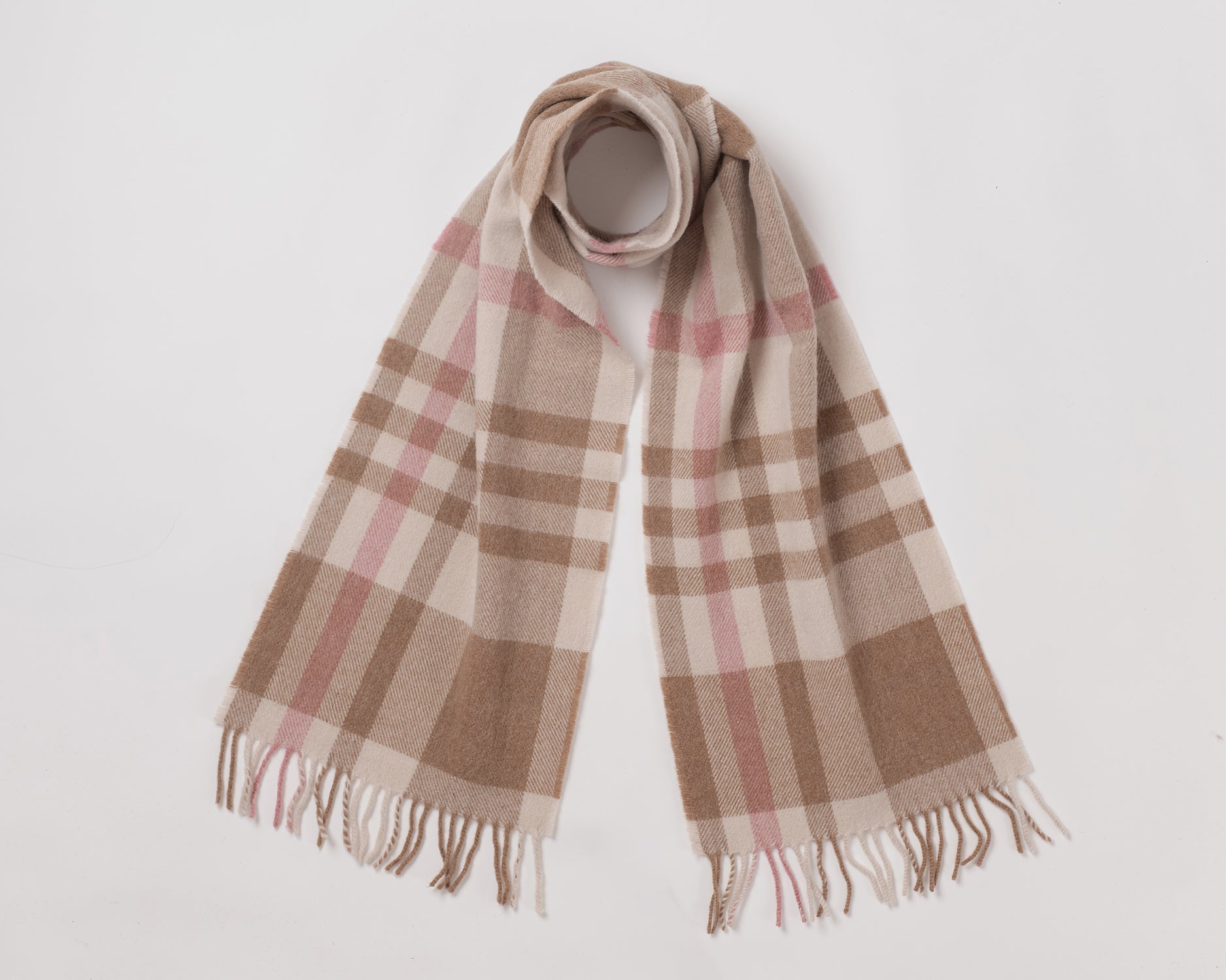 MacN Stroma camel scarf - Plaid scarf with brown, beige, and pink colors on a white background