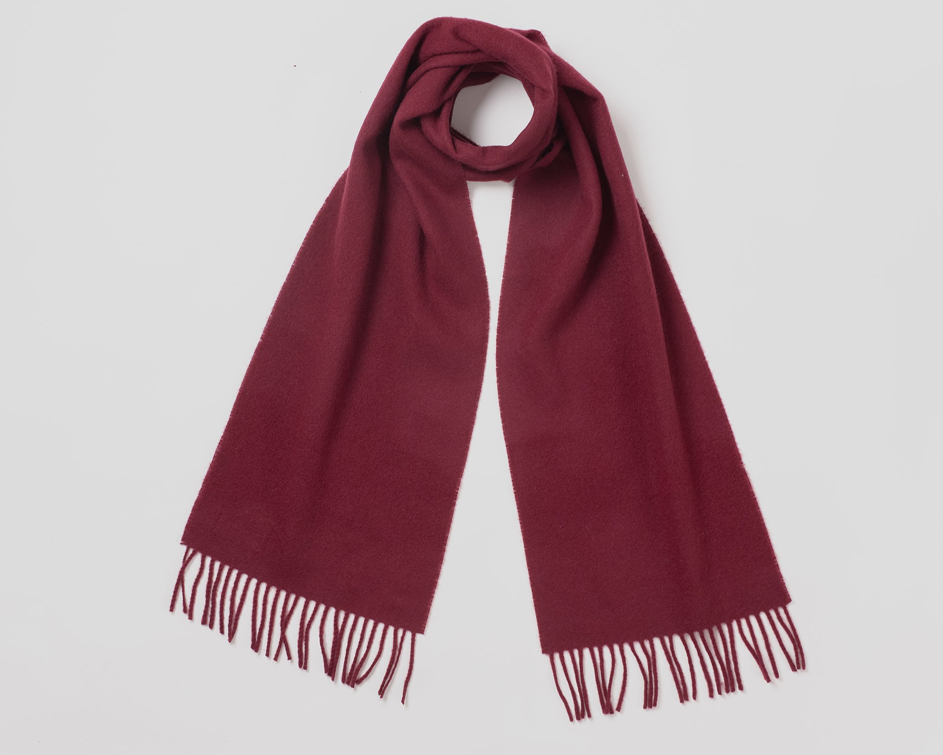 MacN plain wine scarf - dark red scarf with fringes on a light gray background