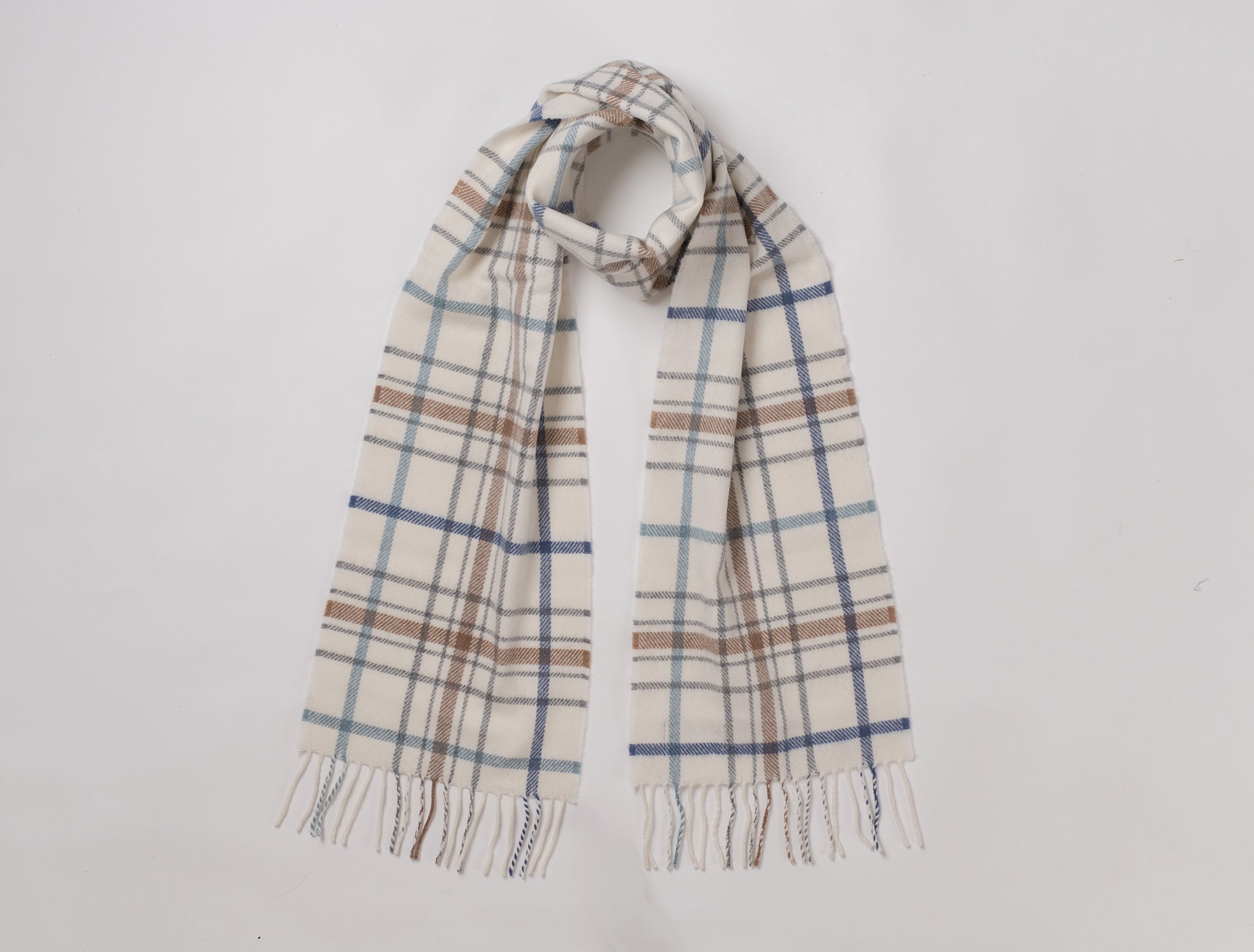 Remony Canisbay White Scarf - Plaid scarf with fringes on a light gray background