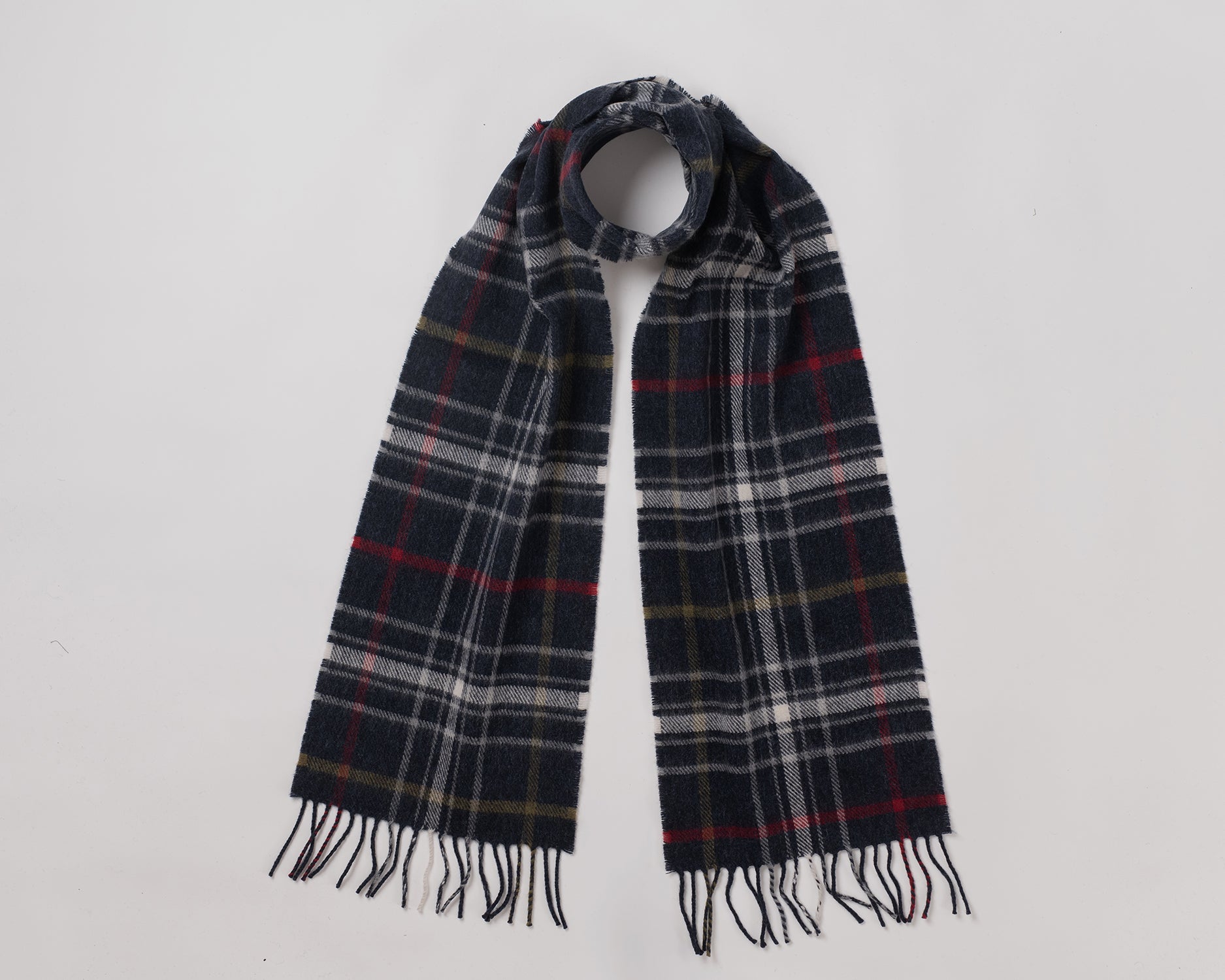 Remony Canisbay Navy scarf - Plaid scarf with fringes on a light gray background