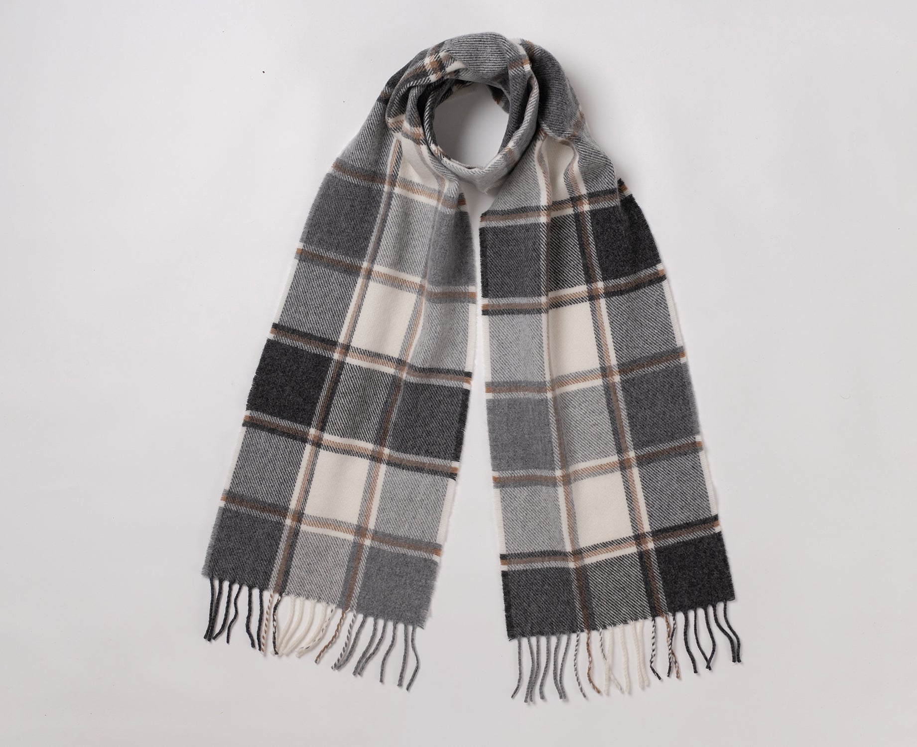 Remony How Charcoal scarf - Plaid scarf with gray, black, and beige colors on a white background