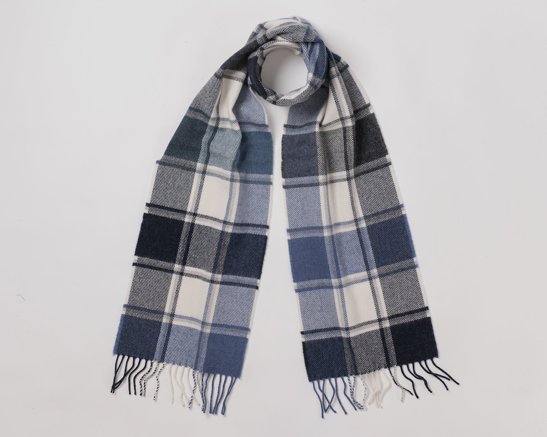 Remony Hoy Denim scarf - Plaid scarf with blue, gray, and white pattern on a light gray background