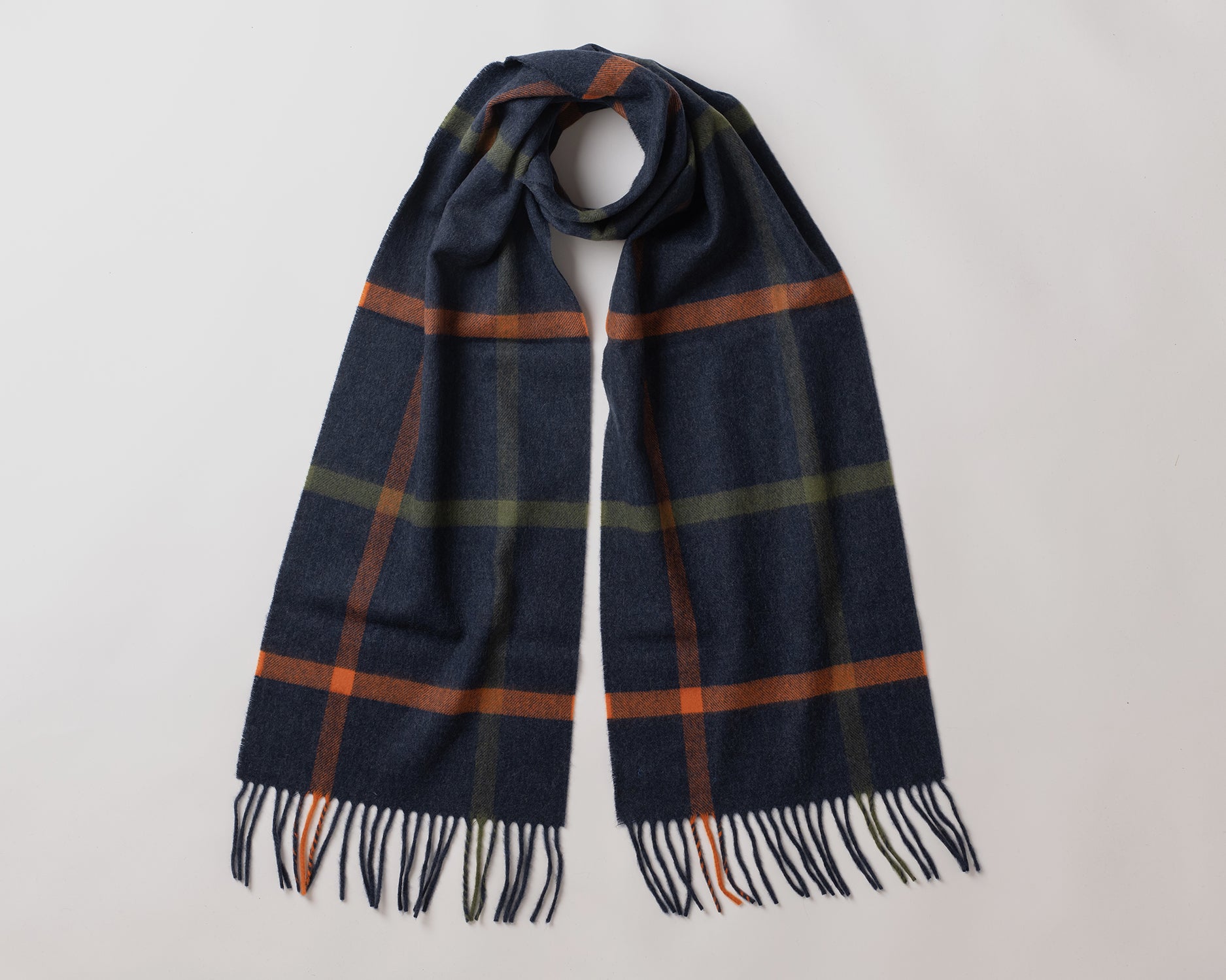 MacN roti jean scarf - Plaid scarf with blue, orange, and green colors on a light gray background