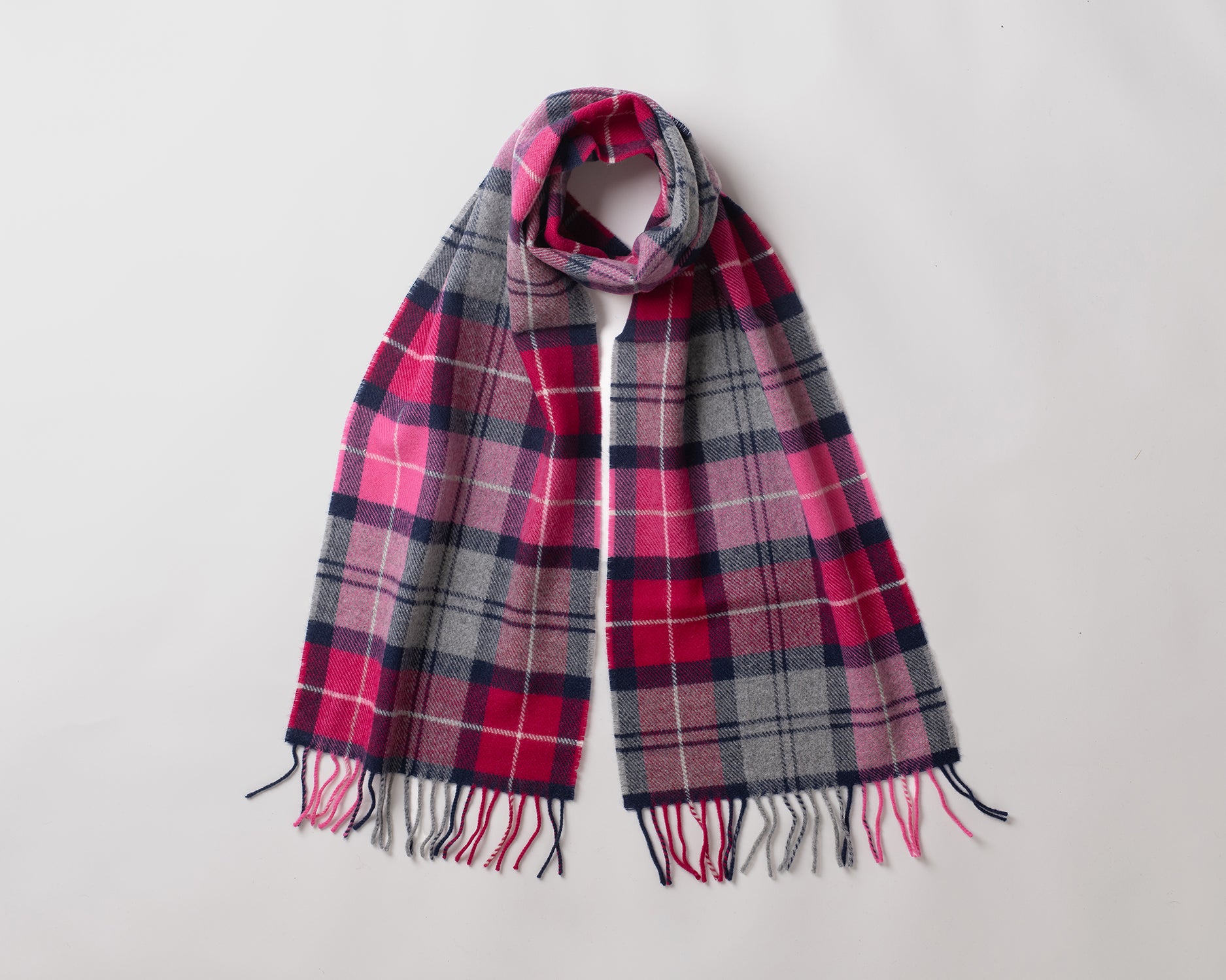 MacN Aurora Cerise scarf - Plaid scarf with pink, red, and gray colors on a light gray background