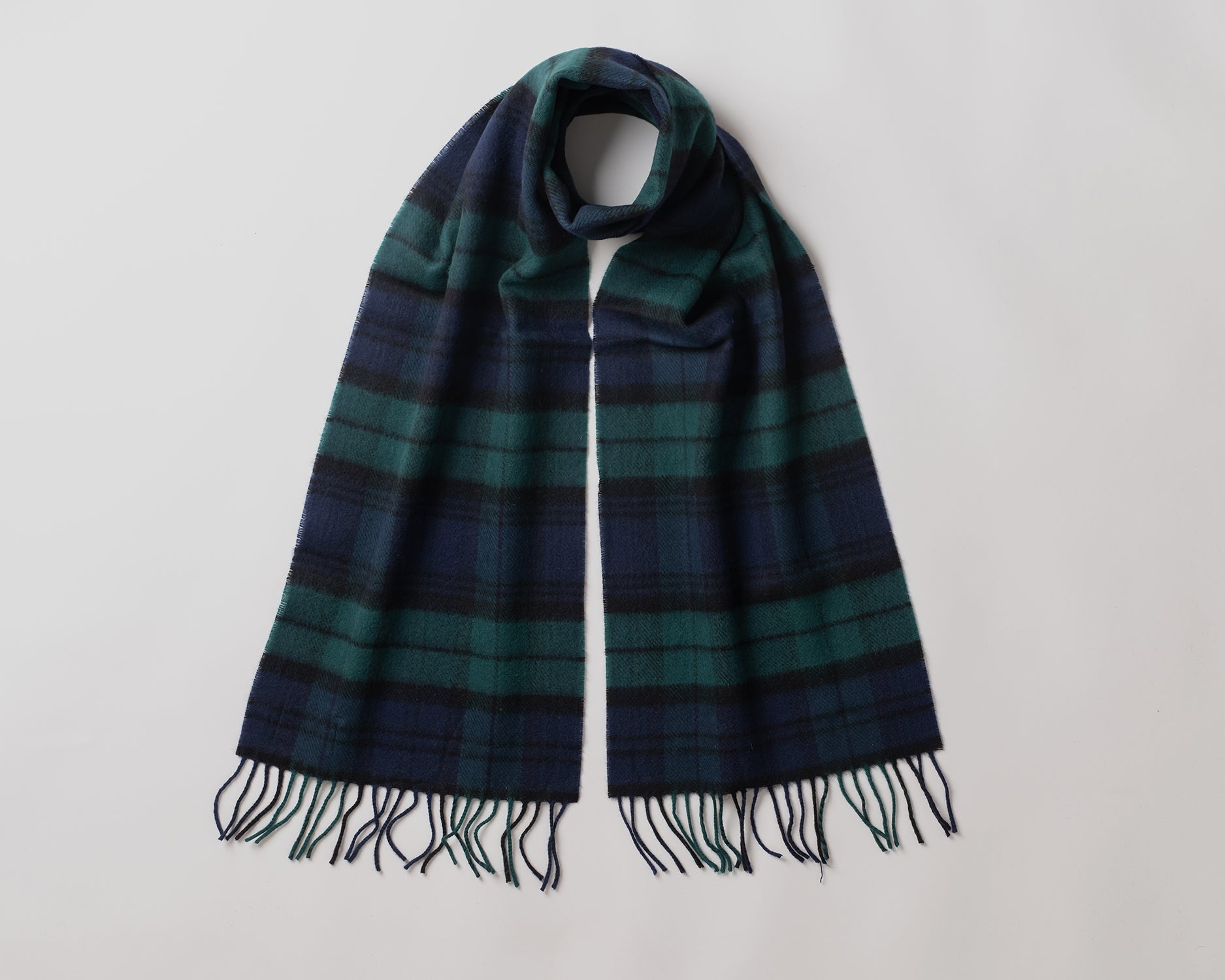 MacN Tartans black watch scarf - Plaid scarf with fringes on a light gray background