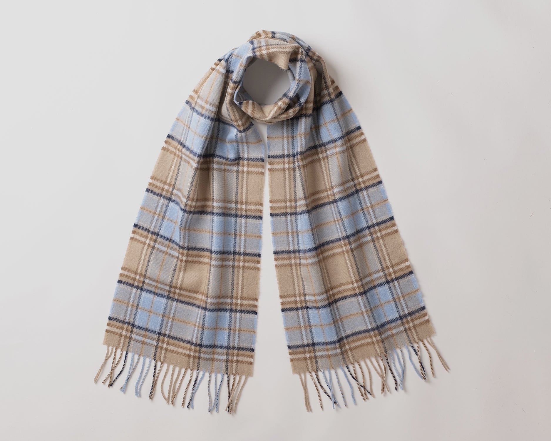 MacN Skara brae blue stone scarf - Plaid scarf with fringes on a light gray background