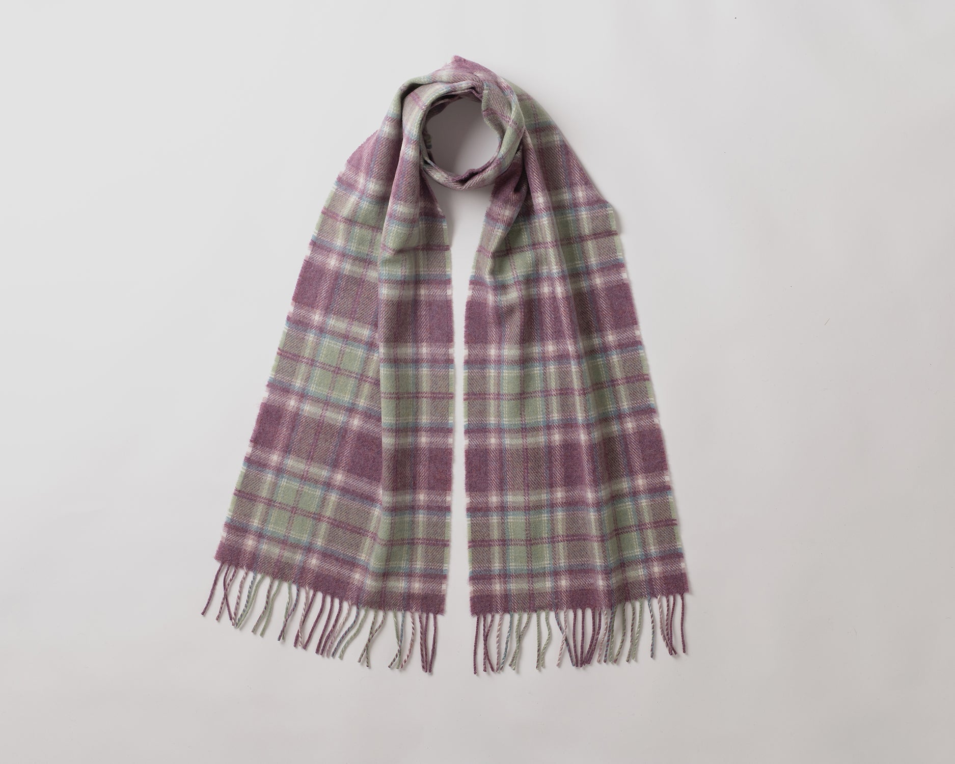 Remony Skara brae opal scarf - Plaid scarf with purple and green pattern on a white background